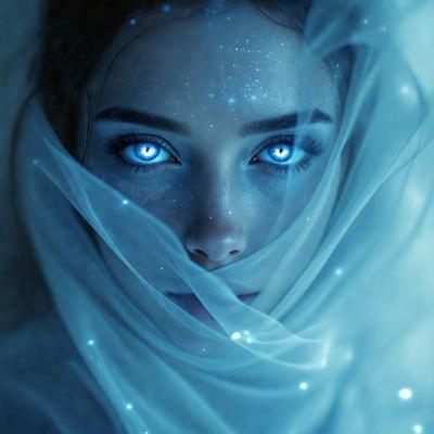 The primary subject of the image is a woman with blue eyes and a blue veil. She is looking at the camera with a mysterious and enchanting expression. The setting is a dark room, and the visual style appears to be a digital art or illustration. The colors and mood of the image are predominantly blue, creating a serene and captivating atmosphere.
